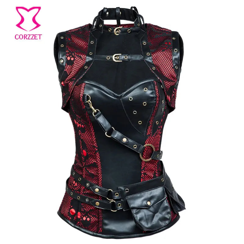 Gothic Punk Skull Pattern Steel Bone Corset - Red and Black - Plus-Size Bustier