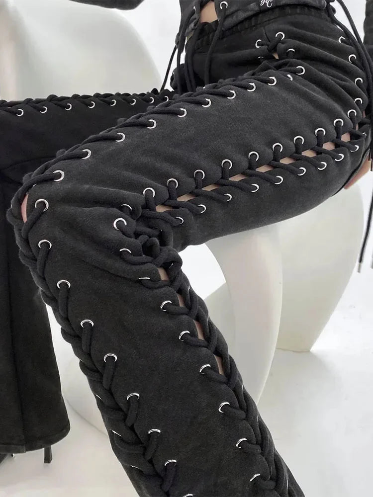 Gothic Punk Slit Knitted Hollow Pants - High Waist Lace Up