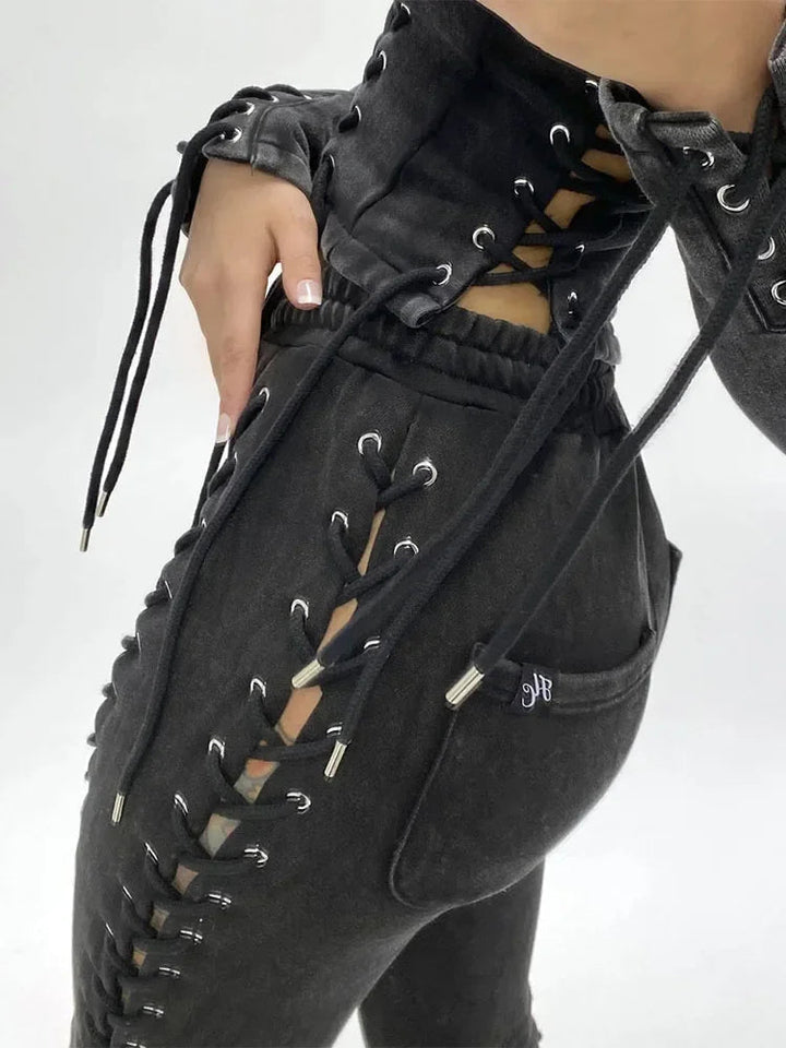 Gothic Punk Slit Knitted Hollow Pants - High Waist Lace Up