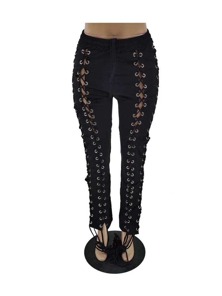 Gothic Punk Slit Knitted Hollow Pants - High Waist Lace Up