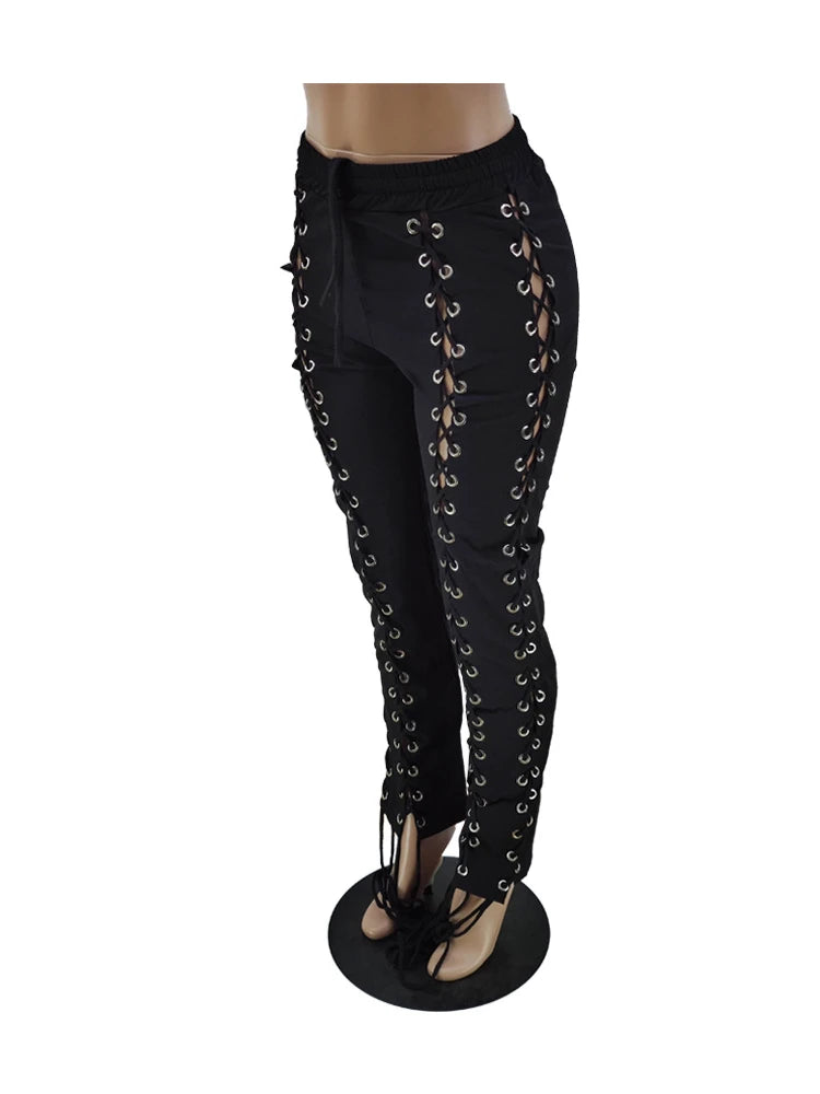 Gothic Punk Slit Knitted Hollow Pants - High Waist Lace Up