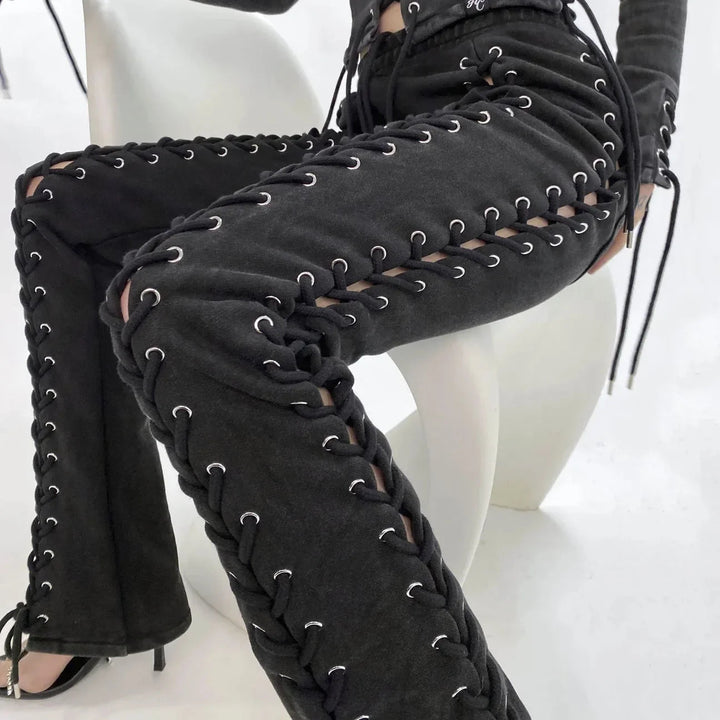 Gothic Punk Slit Knitted Hollow Pants - High Waist Lace Up