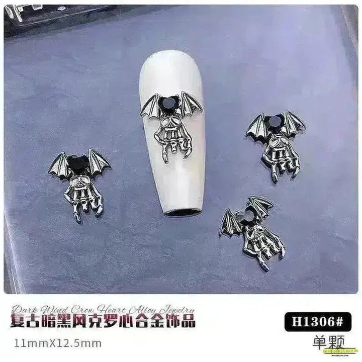 Gothic Punk Style 10PCS Alloy 3D Nail Charms - Heart, Skeleton, Cross, Spider Design - Spooky Halloween Nail Art Decorations