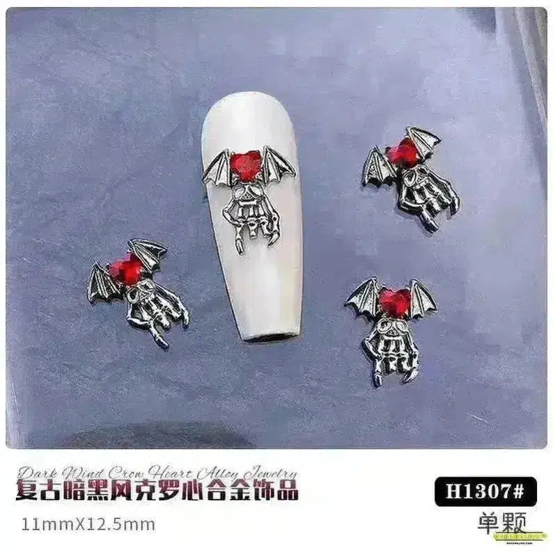 Gothic Punk Style 10PCS Alloy 3D Nail Charms - Heart, Skeleton, Cross, Spider Design - Spooky Halloween Nail Art Decorations