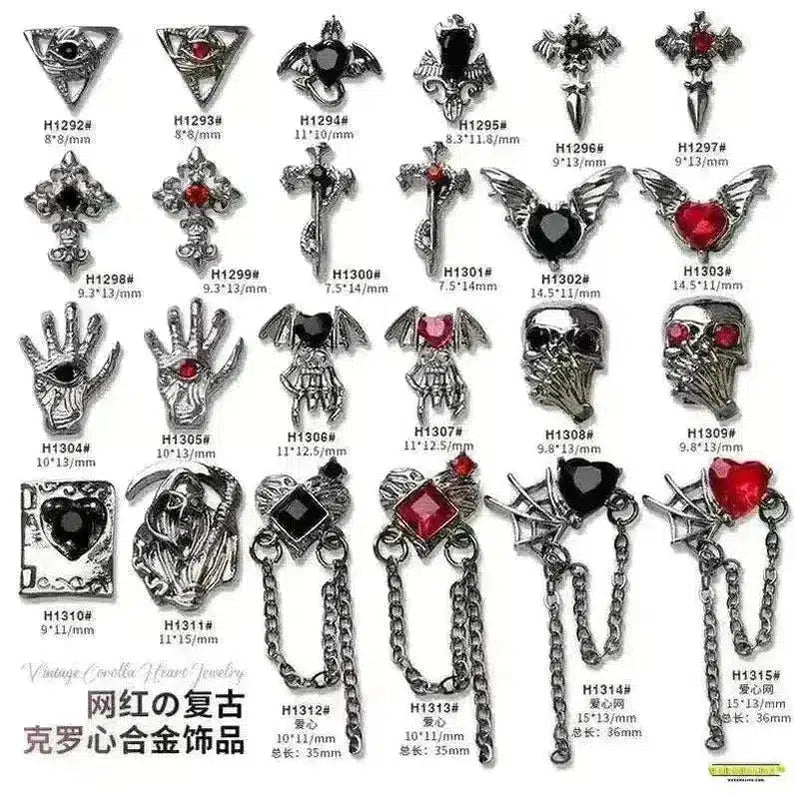 Gothic Punk Style 10PCS Alloy 3D Nail Charms - Heart, Skeleton, Cross, Spider Design - Spooky Halloween Nail Art Decorations