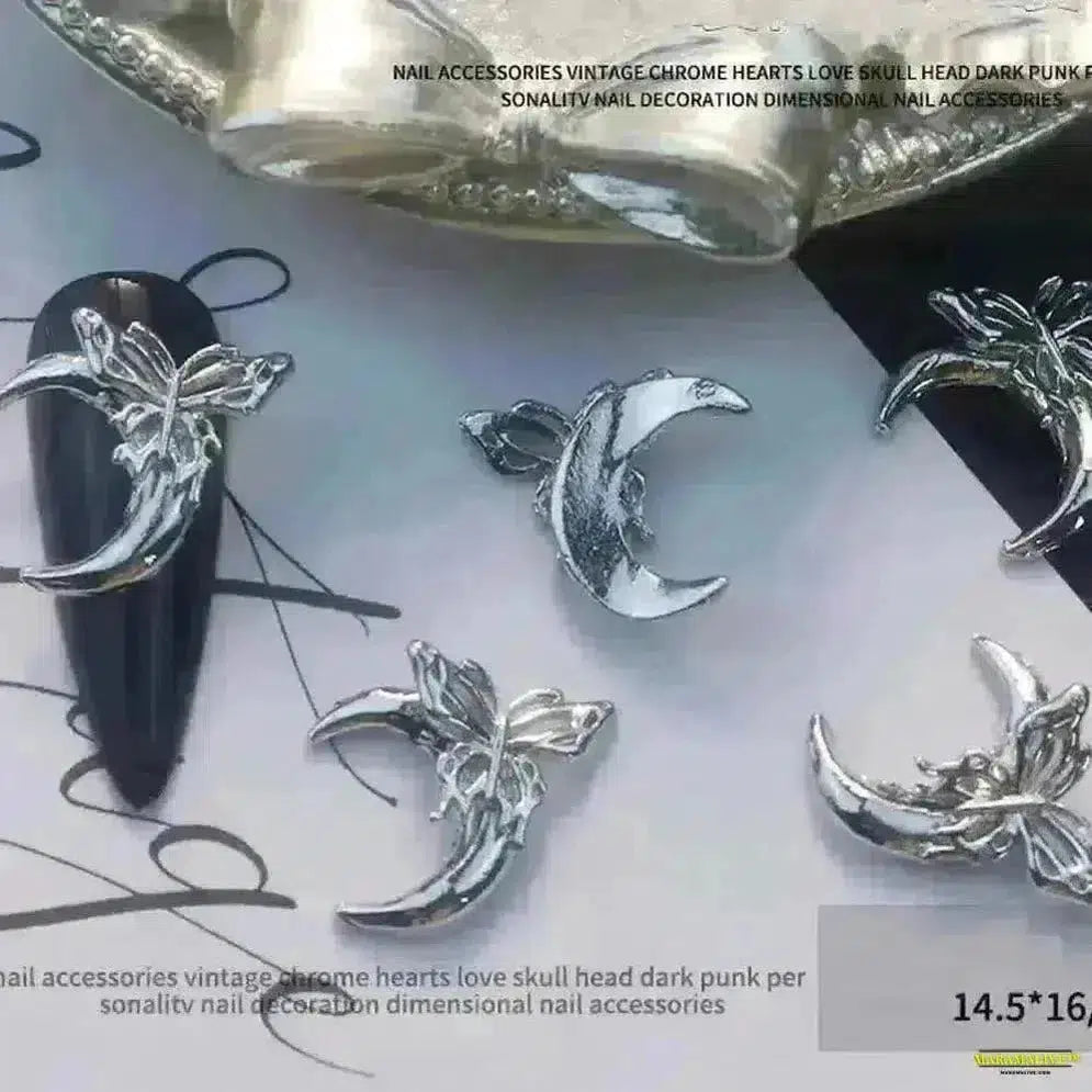 Gothic Punk-Style 10Pcs 3D Silver Alloy Nail Art Charms - Winged Butterfly, Moon & Rose Antique Nail Decorations