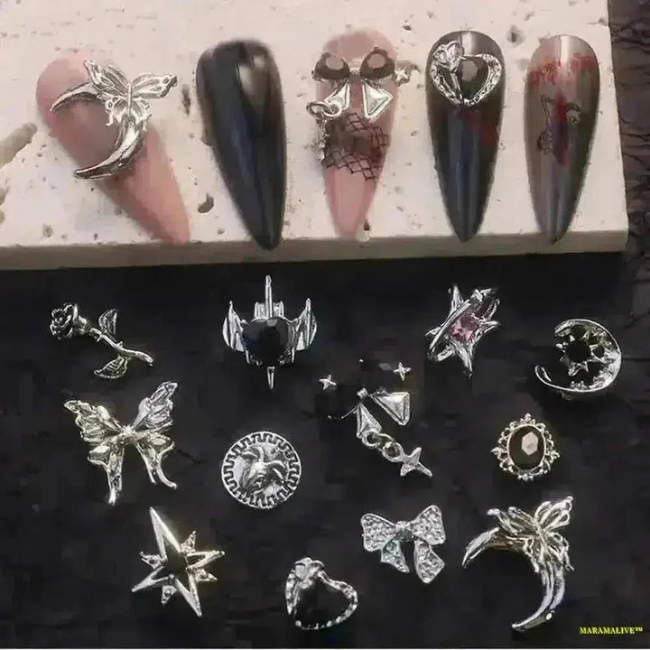 Gothic Punk-Style 10Pcs 3D Silver Alloy Nail Art Charms - Winged Butterfly, Moon & Rose Antique Nail Decorations