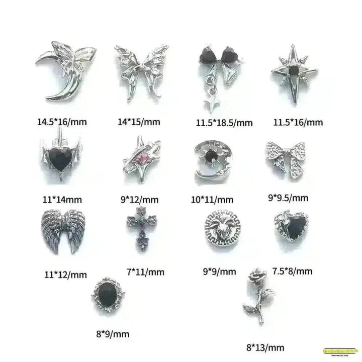 Gothic Punk-Style 10Pcs 3D Silver Alloy Nail Art Charms - Winged Butterfly, Moon & Rose Antique Nail Decorations