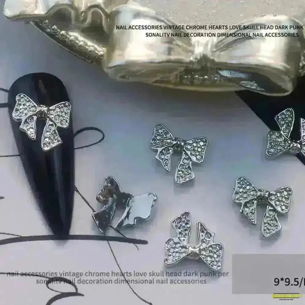 Gothic Punk-Style 10Pcs 3D Silver Alloy Nail Art Charms - Winged Butterfly, Moon & Rose Antique Nail Decorations