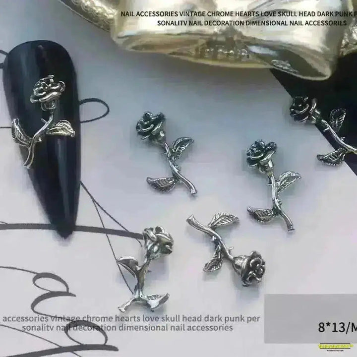 Gothic Punk-Style 10Pcs 3D Silver Alloy Nail Art Charms - Winged Butterfly, Moon & Rose Antique Nail Decorations