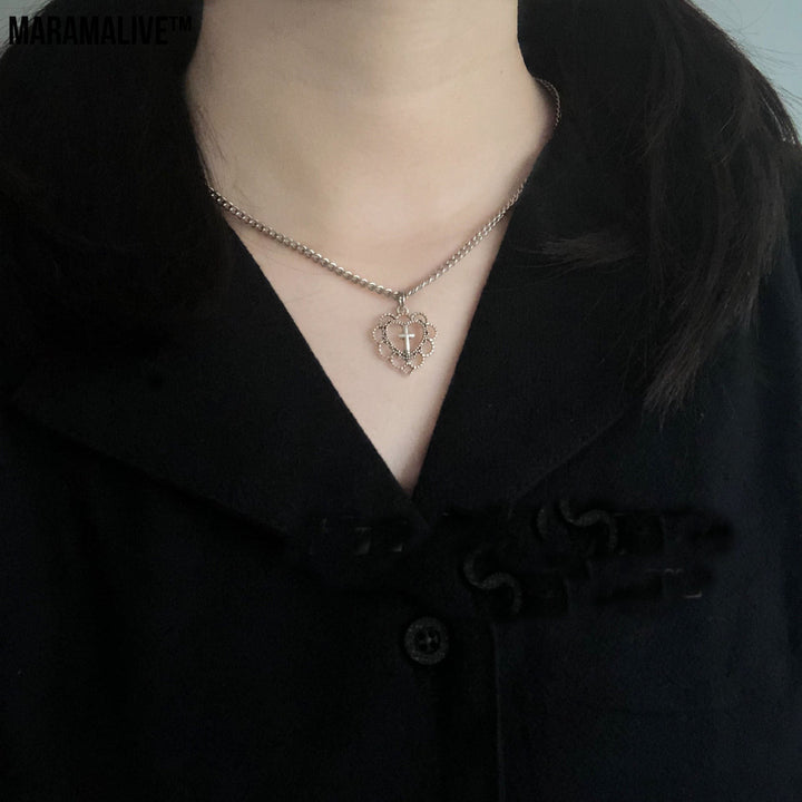 Gothic Punk Style Hollow Heart Cross Pendant Necklace