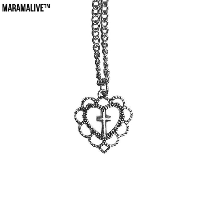 Gothic Punk Style Hollow Heart Cross Pendant Necklace