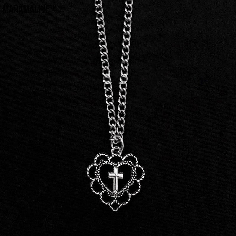 Gothic Punk Style Hollow Heart Cross Pendant Necklace