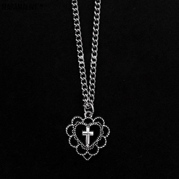 Gothic Punk Style Hollow Heart Cross Pendant Necklace