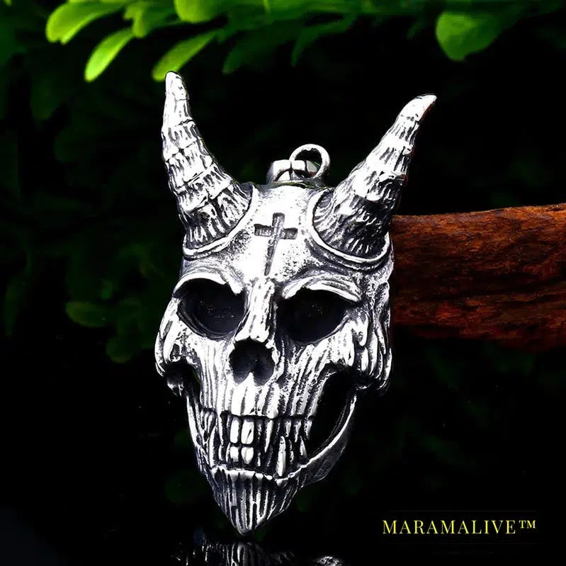 Gothic Satanic Devil Cross Stainless Steel Skull Pendant With cross Necklace Biker Style Jewelry for man