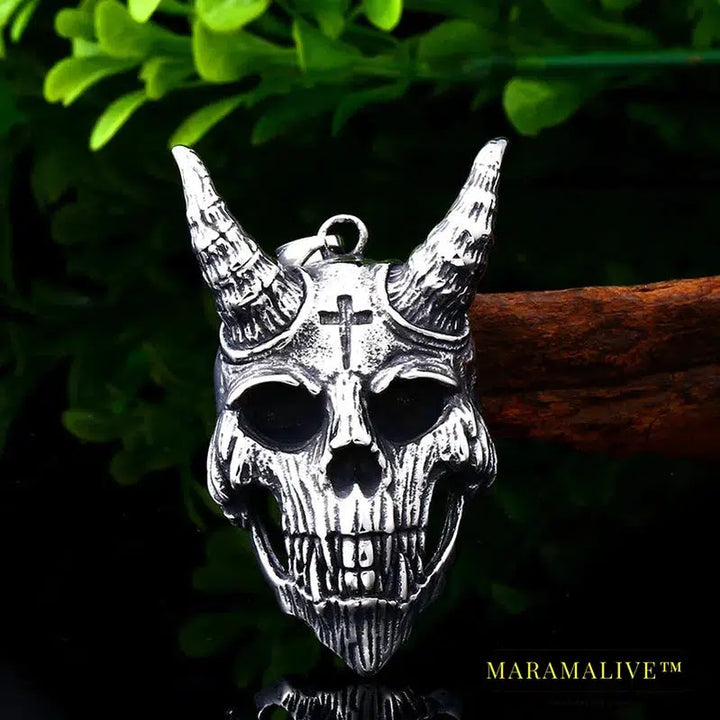 Gothic Satanic Devil Cross Stainless Steel Skull Pendant With cross Necklace Biker Style Jewelry for man