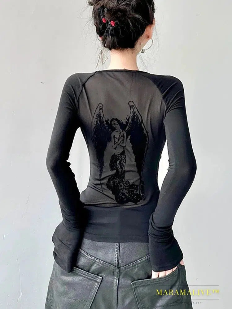 Gothic See Through Angel Graphic Print T-shirt for Women Goth Punk Slim Fit Sexy Mesh Y2k Long Sleeve Grunge Transparent