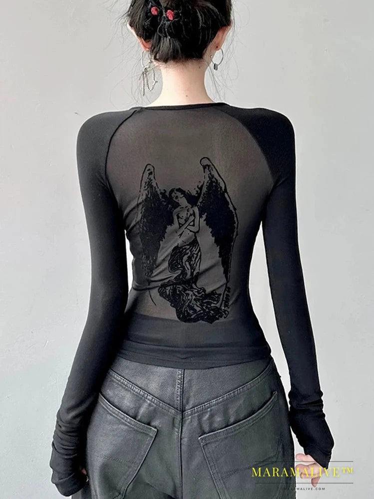 Gothic See Through Angel Graphic Print T-shirt for Women Goth Punk Slim Fit Sexy Mesh Y2k Long Sleeve Grunge Transparent