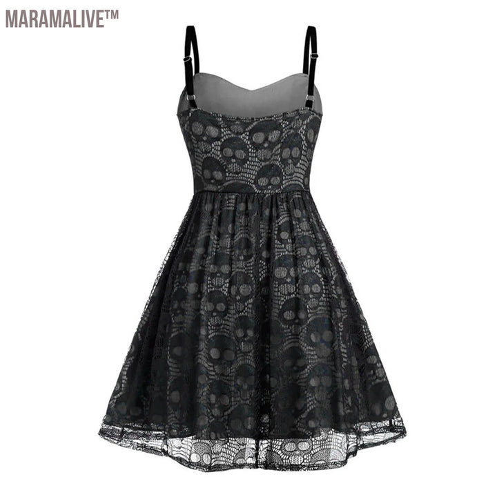 Gothic Skull Print Suspenders Dress Retro Mesh Drawstring Bnadage Sling Short Dress Hallowmas Sexy Waist Tie Pleated Vestidos