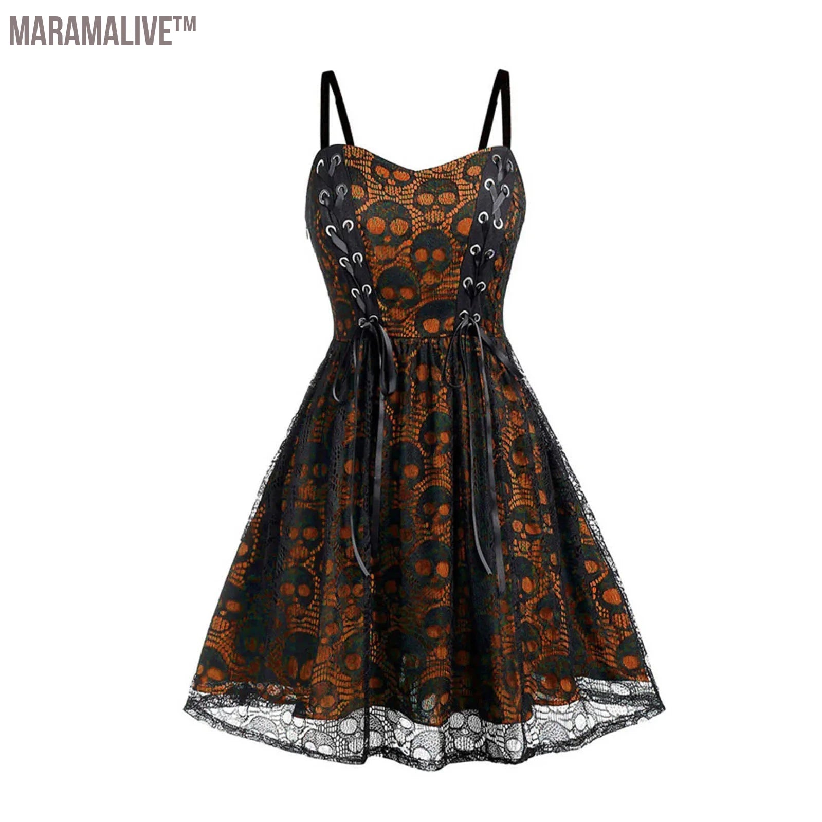 Gothic Skull Print Suspenders Dress Retro Mesh Drawstring Bnadage Sling Short Dress Hallowmas Sexy Waist Tie Pleated Vestidos