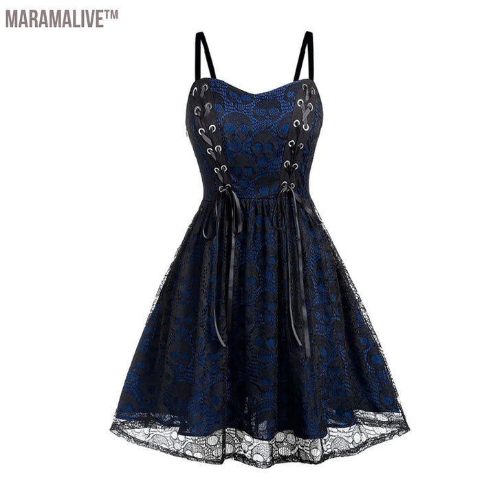 Gothic Skull Print Suspenders Dress Retro Mesh Drawstring Bnadage Sling Short Dress Hallowmas Sexy Waist Tie Pleated Vestidos