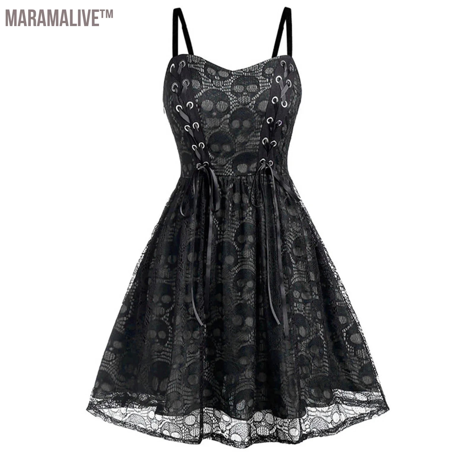 Gothic Skull Print Suspenders Dress Retro Mesh Drawstring Bnadage Sling Short Dress Hallowmas Sexy Waist Tie Pleated Vestidos