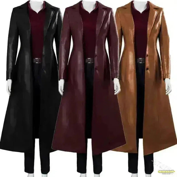 Gothic Streetwear Long Jacket: Faux Leather Trench Coat for the Dark Style Enthusiast, Steampunk Inspired