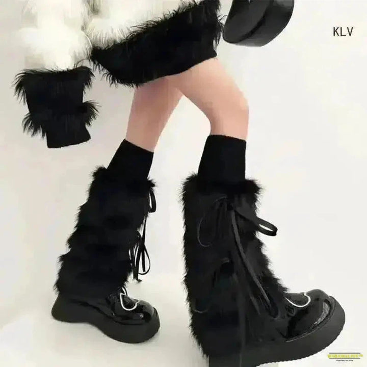 Gothic Style JK Girls Ribbon Bowknot Boot Cuffs - Winter Warm White Plush Boot Cover Harajuku Leg Warmers Long Socks