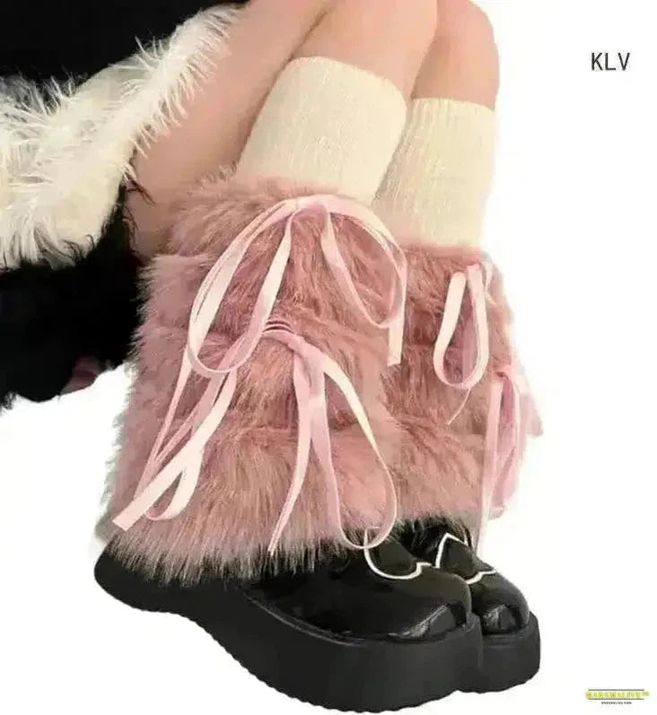 Gothic Style JK Girls Ribbon Bowknot Boot Cuffs - Winter Warm White Plush Boot Cover Harajuku Leg Warmers Long Socks