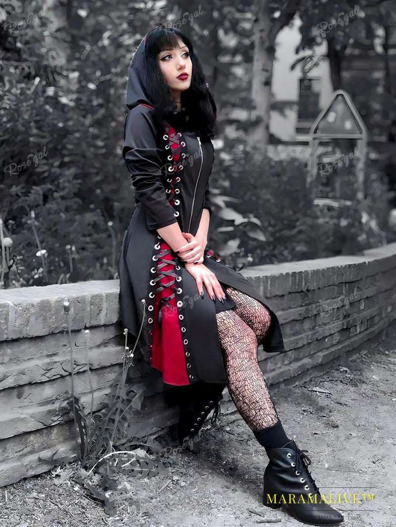 Gothic Style New Hooded Color Matching Mid-length Dress