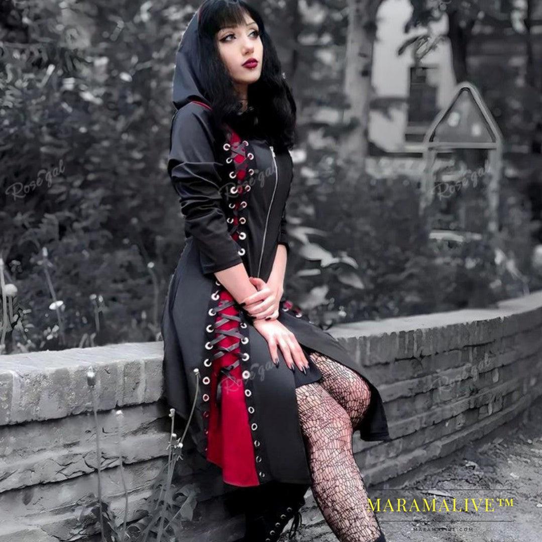 Gothic Style New Hooded Color Matching Mid-length Dress