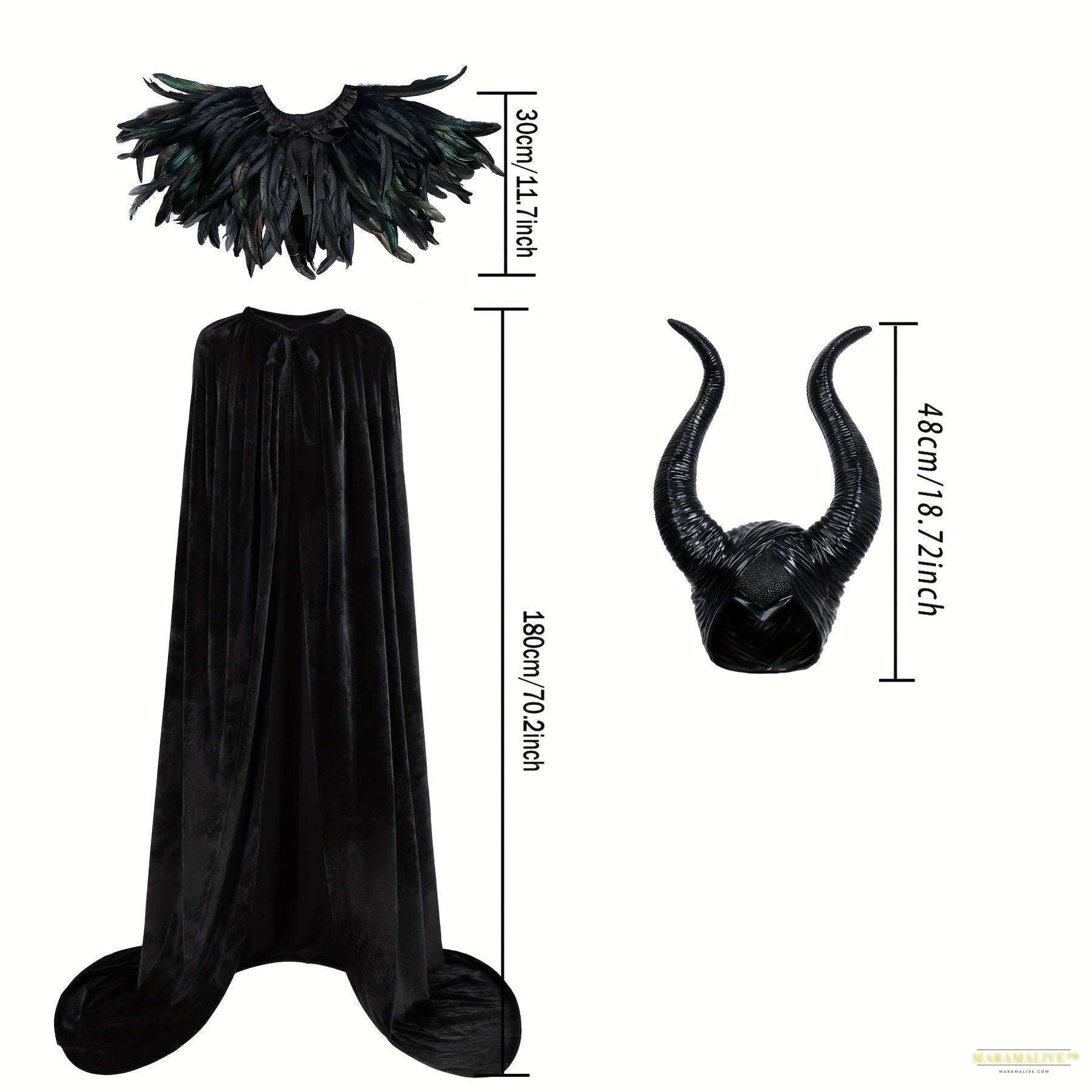 Gothic Witch Costume Set - 3pcs Halloween Outfit with Black Velvet Cape, Faux Feather Shawl & Maleficent Horns Headband