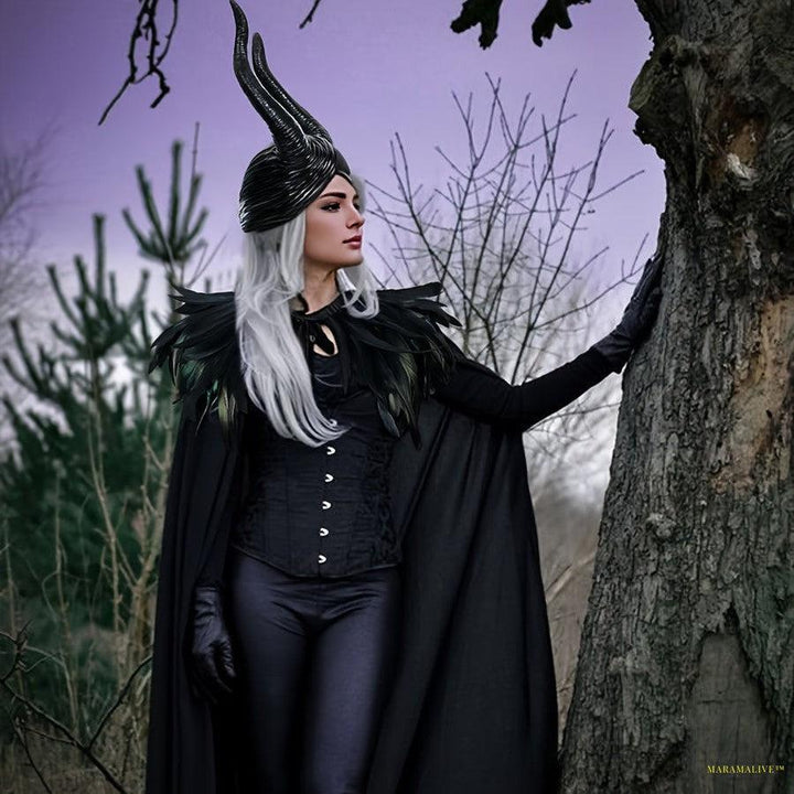 Gothic Witch Costume Set - 3pcs Halloween Outfit with Black Velvet Cape, Faux Feather Shawl & Maleficent Horns Headband