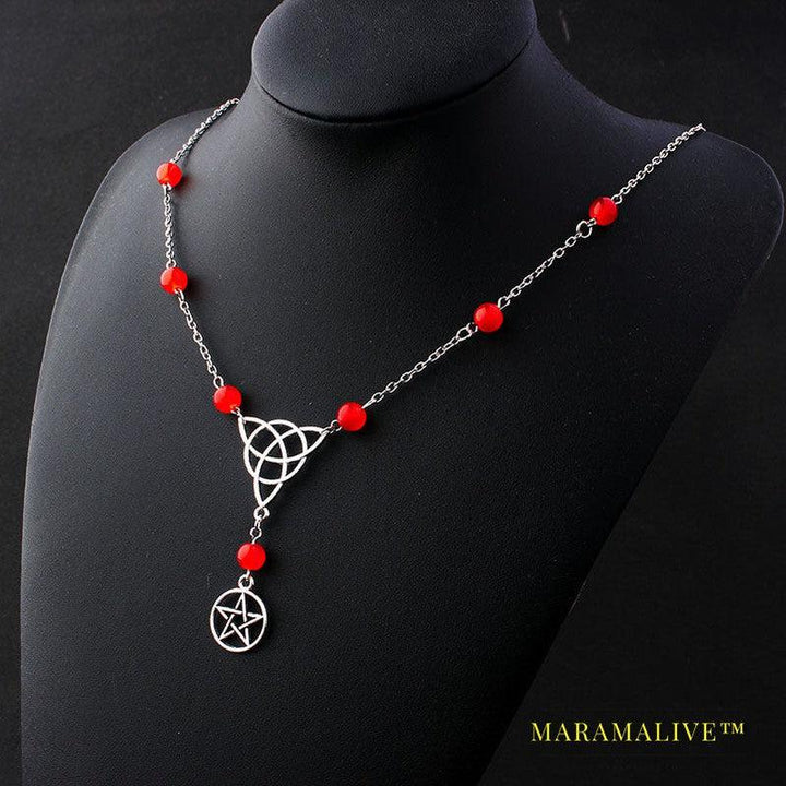 Gothic Witchcraft Pentagram Head Chain Magic Round Beads Stone