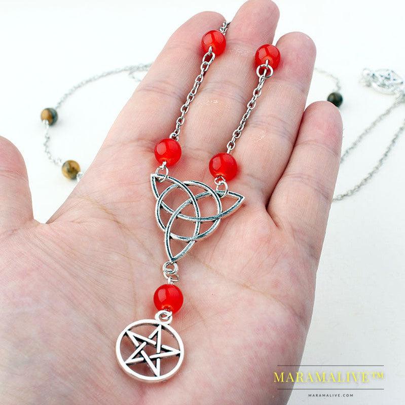 Gothic Witchcraft Pentagram Head Chain Magic Round Beads Stone