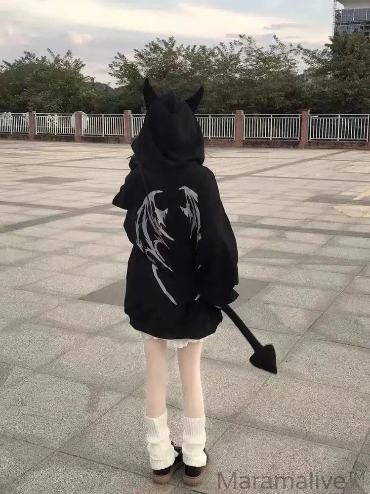 Gothic Zip Up Hoodies Women Mall Goth Tops Streetwear Kawaii Hooded Sweatshirt 2022 Autumn Pullovers