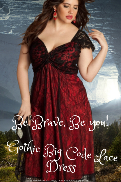 Two plus size women in red and black Gothic Big Code Lace dresses from Maramalive™.