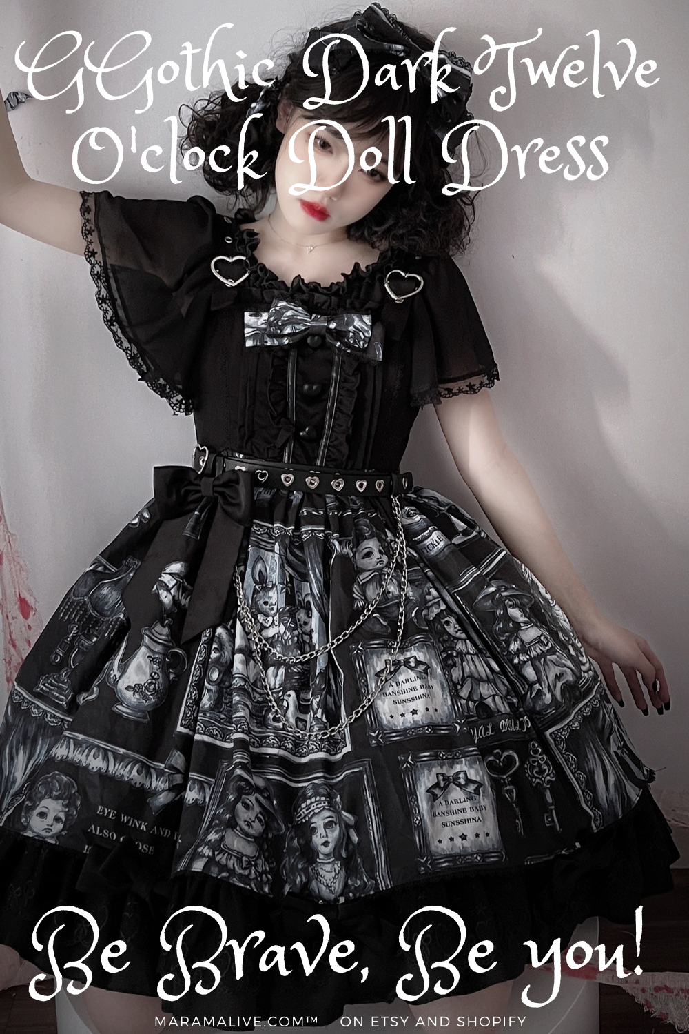 A girl is posing in a Maramalive™ Gothic Dark Twelve O'clock Doll Dress.