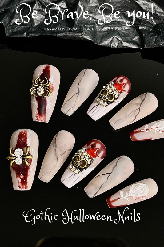 A group of Maramalive™ Gothic Halloween Wear Armor Three-dimensional Spider Nails with blood on them.