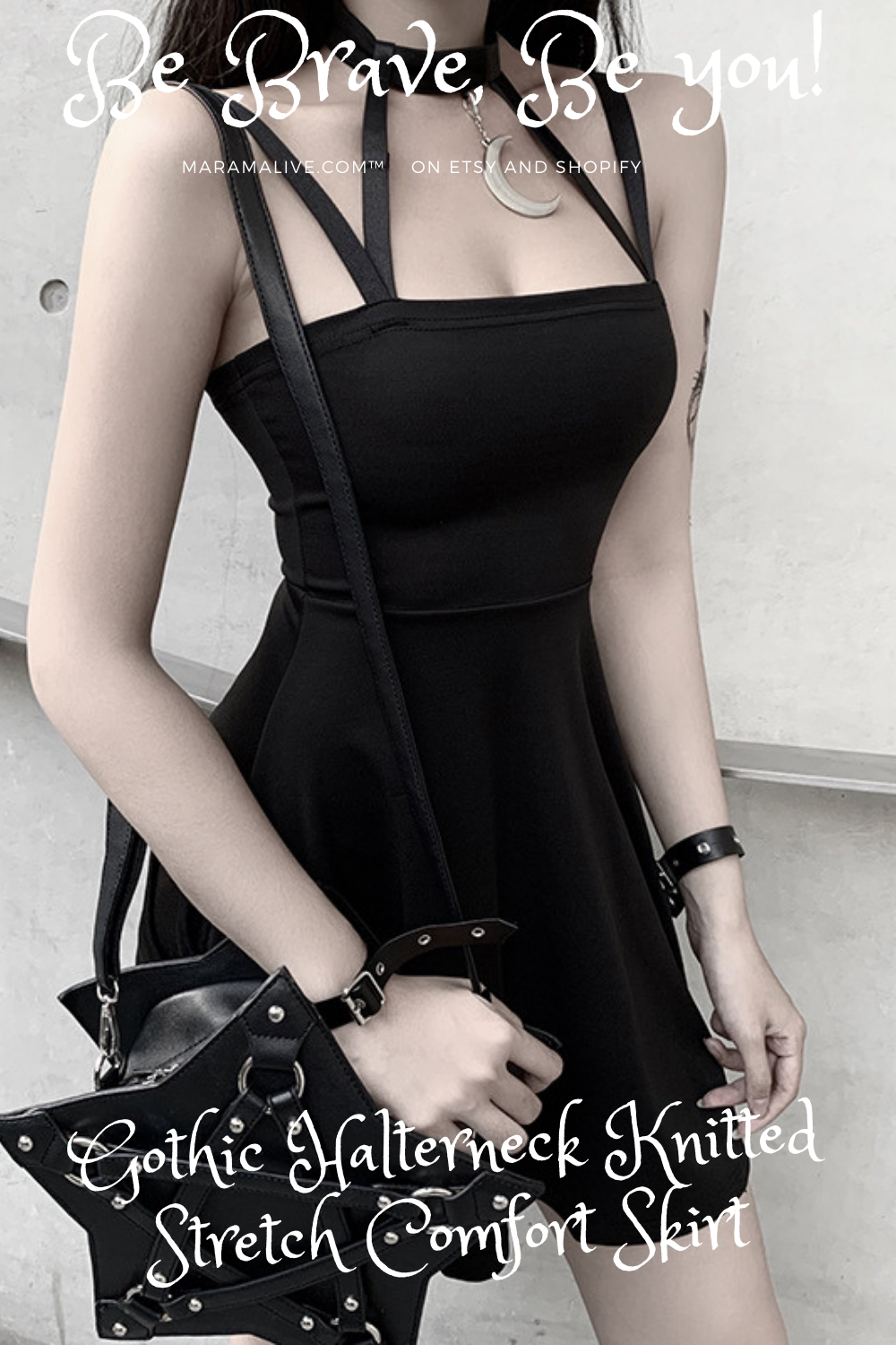 A woman is posing in a Gothic Halter-neck Dress -Unique Strap Sling Dress by Maramalive™.