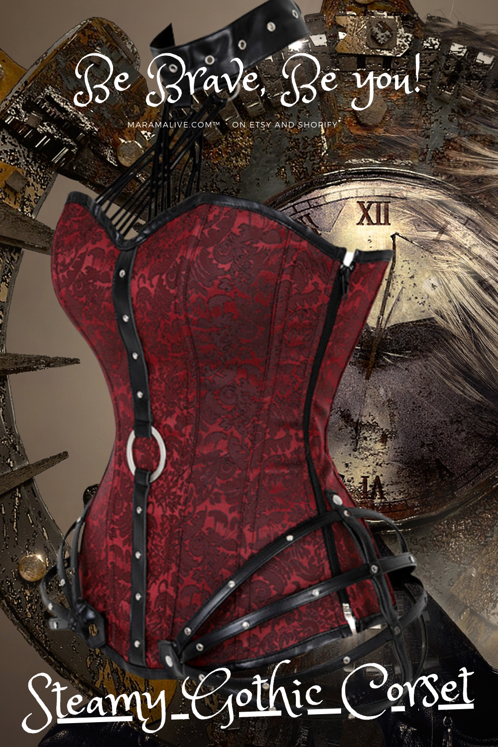A red and black Gothic Punk Steam Body Shaper New Style corset with leather straps from Maramalive™.