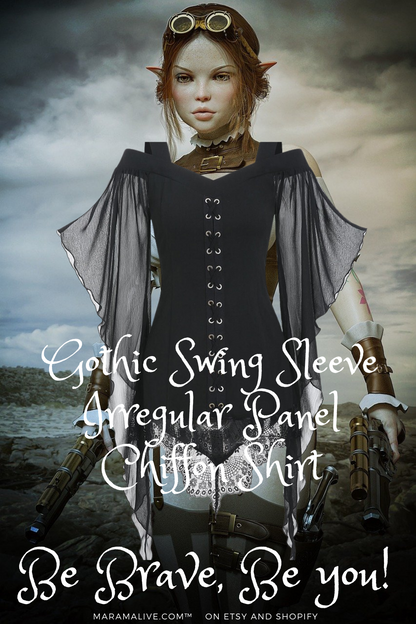 A black and green Maramalive™ Gothic Swing Sleeve Irregular Panel Chiffon Shirt with lace sleeve.