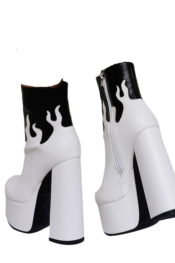 White and black Gothic Water Stage Flame Thick Heel Fashion Super High Heel Plus Size 47 Women's Short Boots by Maramalive™ featuring a vibrant color scheme and striking design.