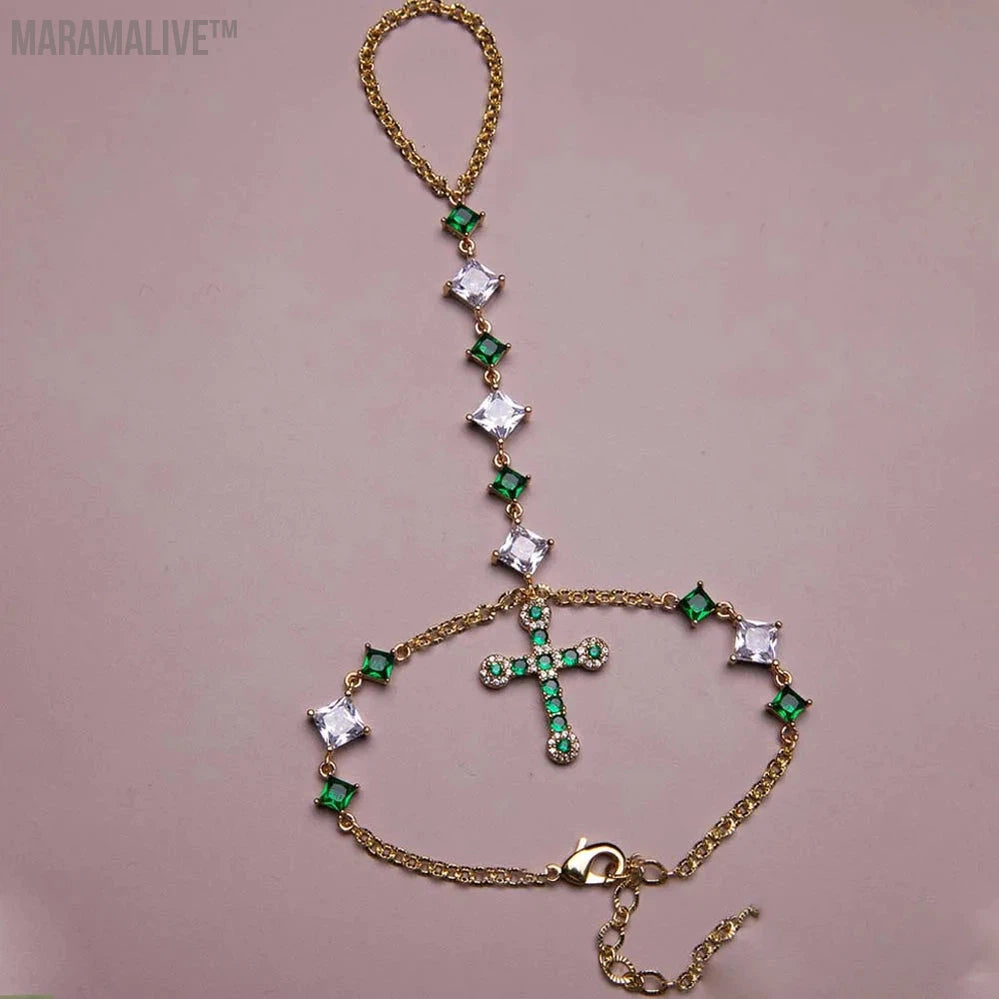 Green Cross Bracelet Charm for Jewelry Making Women Female Fashion Rhinestone Hand Jewelry Bangles Wedding