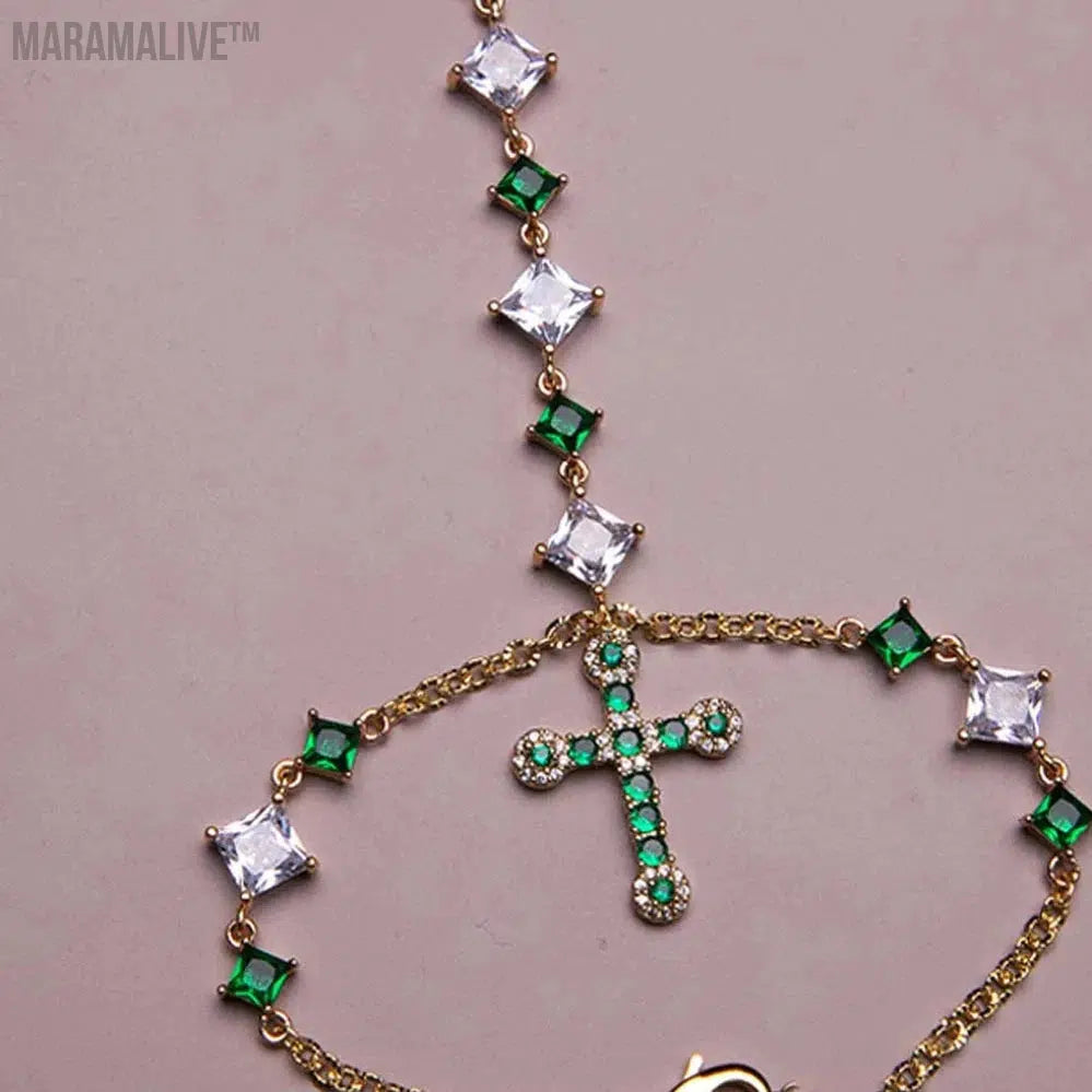 Green Cross Bracelet Charm for Jewelry Making Women Female Fashion Rhinestone Hand Jewelry Bangles Wedding