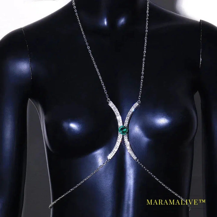 Green Crystal Chest Bracket Bra Chain Underwear Jewelry Sexy Accessories Rhinestone Bikini Body Chain Harness Jewelry