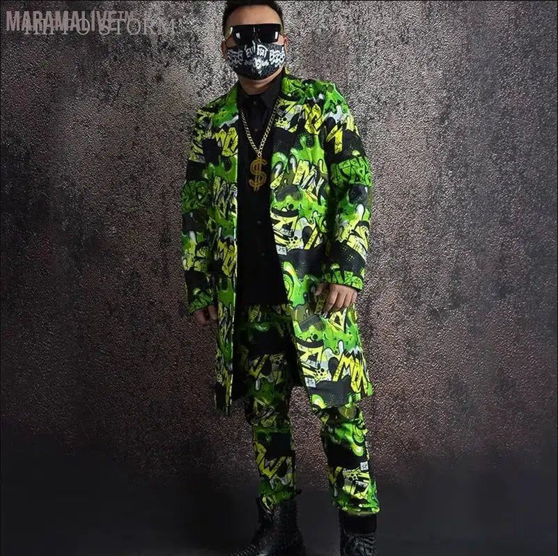 Green Graffiti Printed Hip Hop Long Suit Coat Pants Outfits Male Singer Bar Nightclub Hairdresser Party Club Dance Stage Set