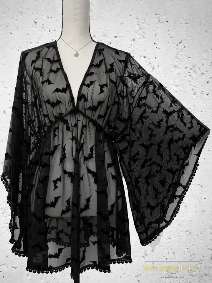 Grunge Aesthetic Women Sexy See Through Dress Balck Goth Lace Vestios for E Girls Chiffon Graphic Bat Nigh Club Clothes