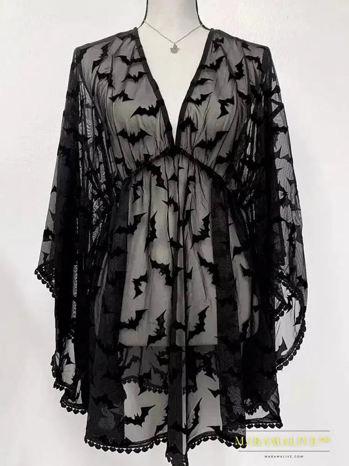 Grunge Aesthetic Women Sexy See Through Dress Balck Goth Lace Vestios for E Girls Chiffon Graphic Bat Nigh Club Clothes