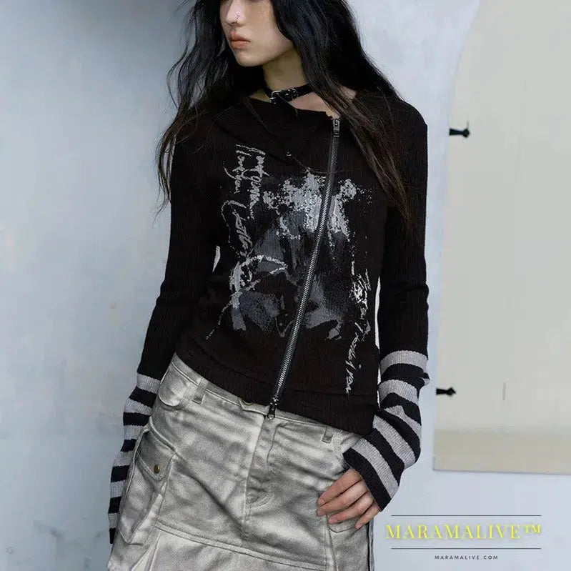 Grunge Graffiti Print Zipper T-shirt Vintage Gothic Irregular Tops Dark Aesthetic Long Sleeve Patchwork T Shirt Punk